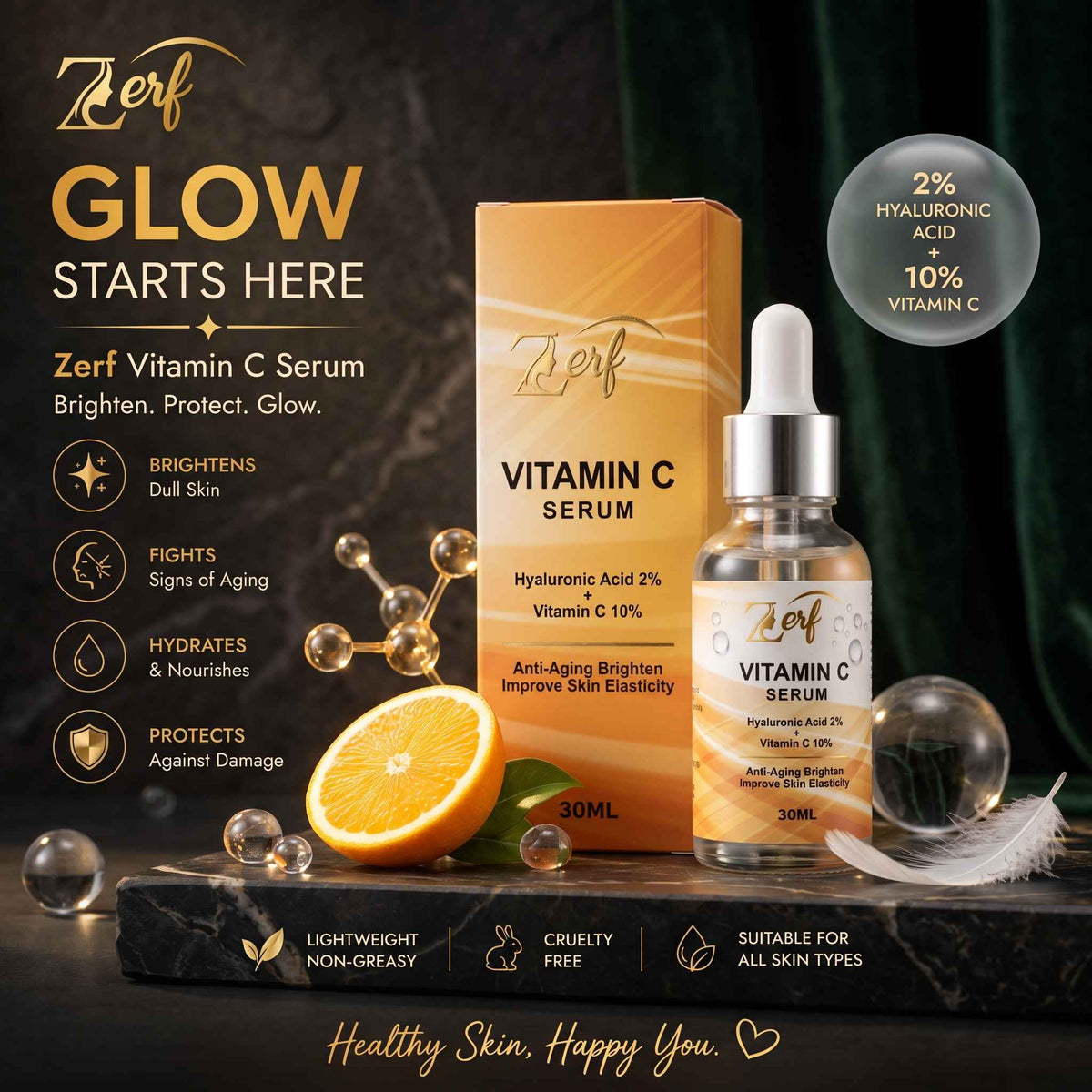 Zerf Vitamin C Glow Serum – 10% Vitamin C + 2% Hyaluronic Acid