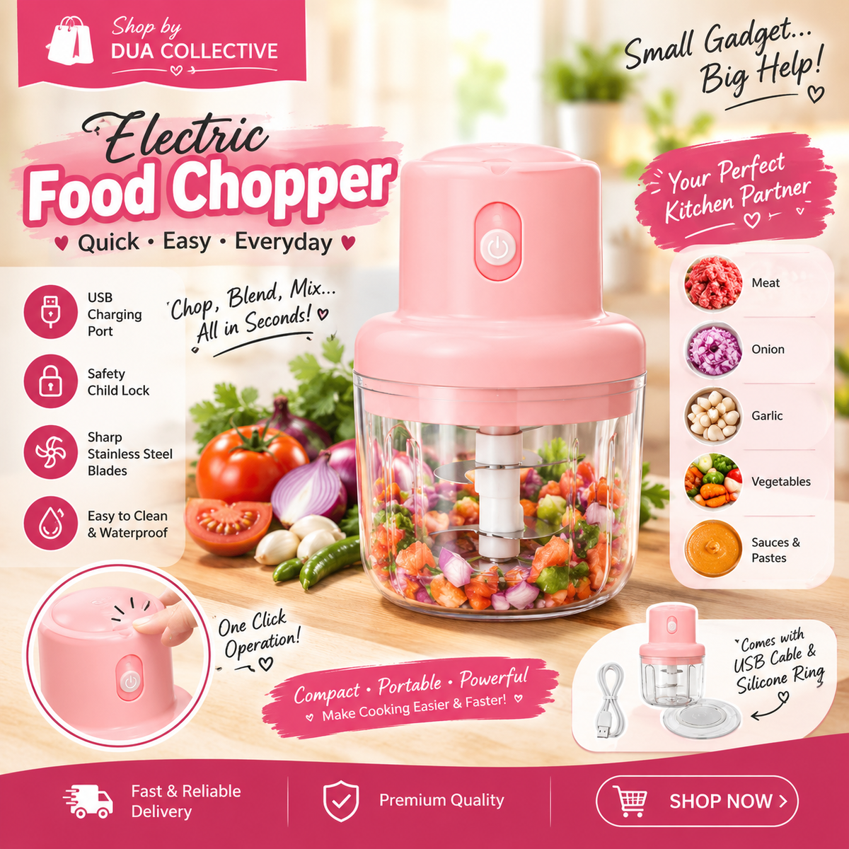 Mini Electric Food Chopper – USB Rechargeable | 4-Blade Kitchen Cutter