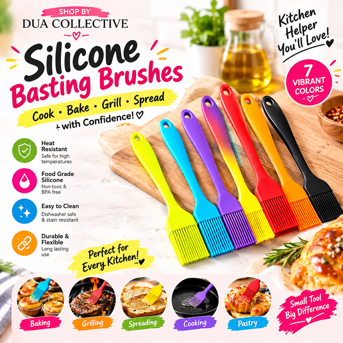 Dua Collective 7-Piece Silicone Basting Brush Set – Colorful Kitchen, Baking & BBQ Brushes