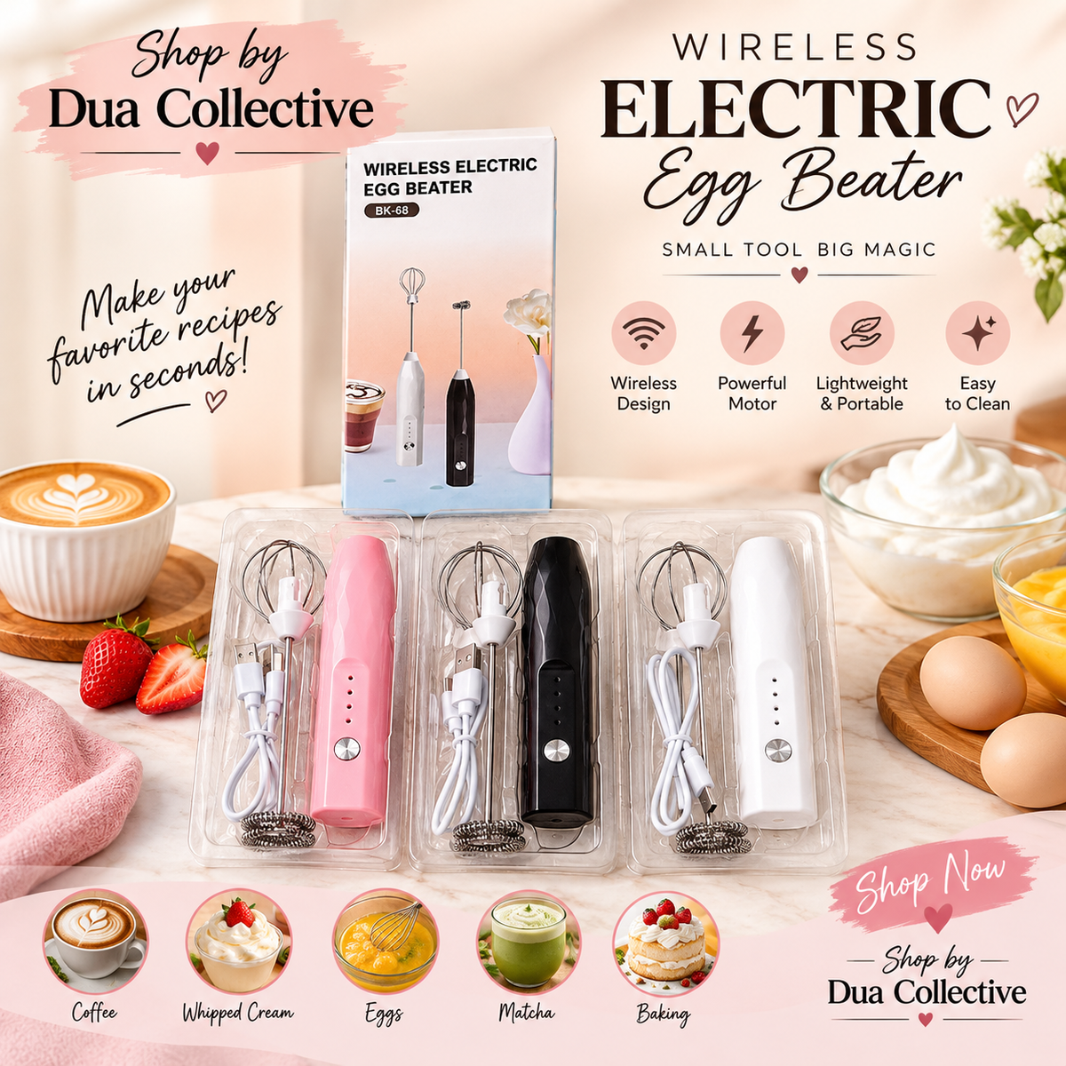 Cordless Wireless Electric Egg Beater & Milk Frother – Portable Hand Mixer