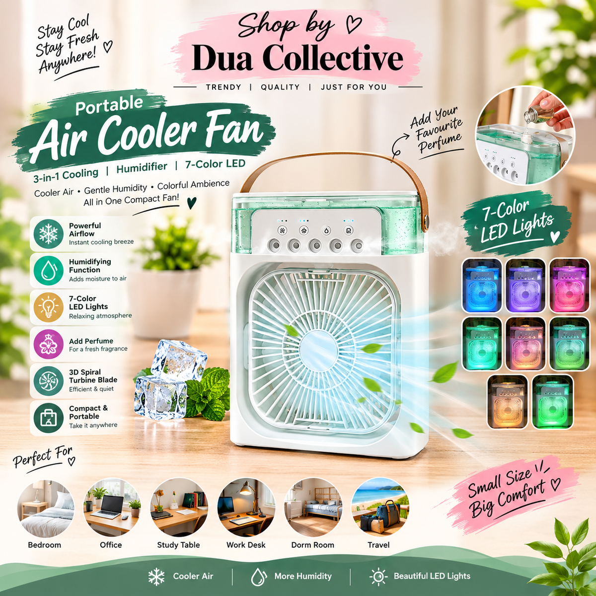 Portable Air Cooler Fan – 3-in-1 Mini Cooling, Humidifier & 7-Color LED