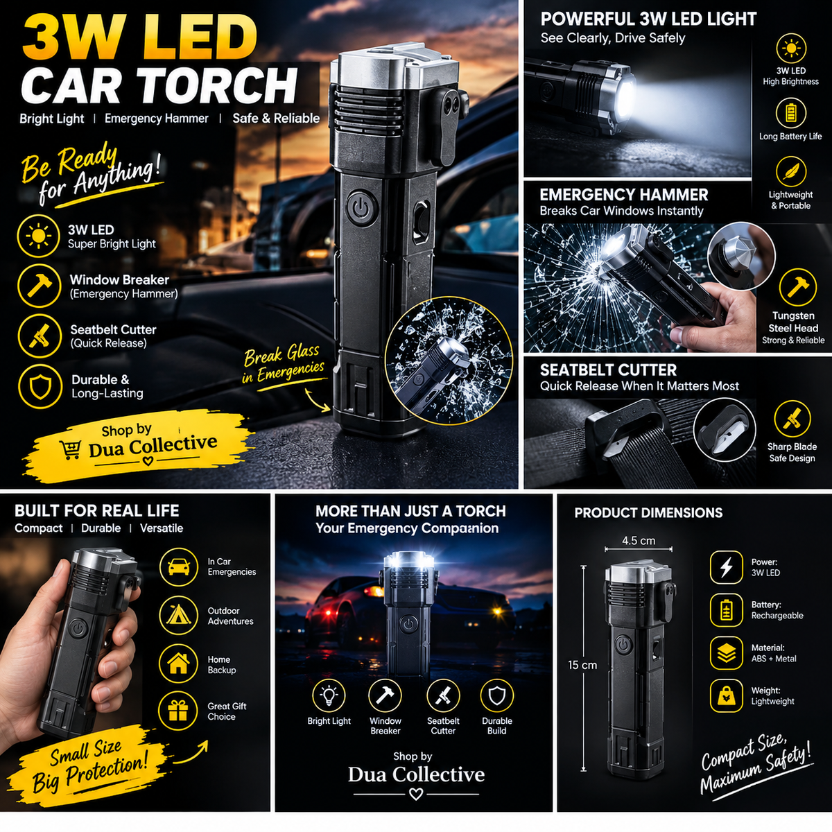 3W LED Emergency Car Torch – Rechargeable Flashlight with Window Breaker & Seatbelt Cutter