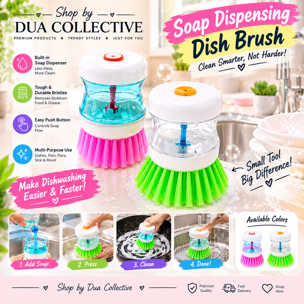 2-in-1 Soap Dispensing Dish Brush – Built-In Liquid Soap Dispenser