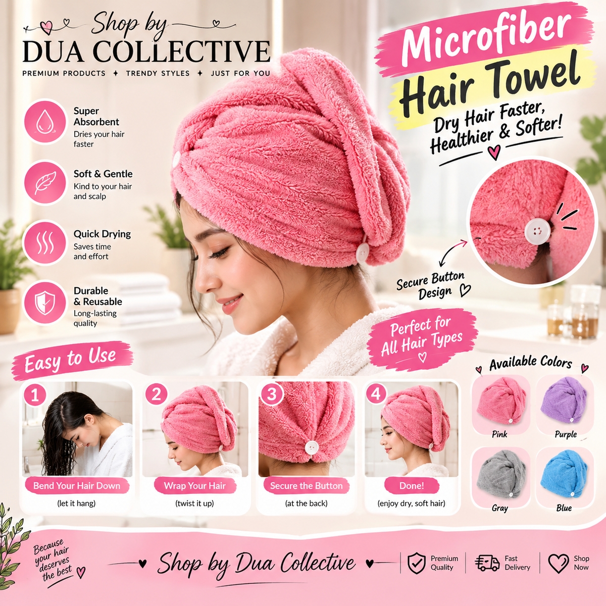 Microfiber Hair Towel Wrap – Super Absorbent Quick-Dry Hair Turban with Button