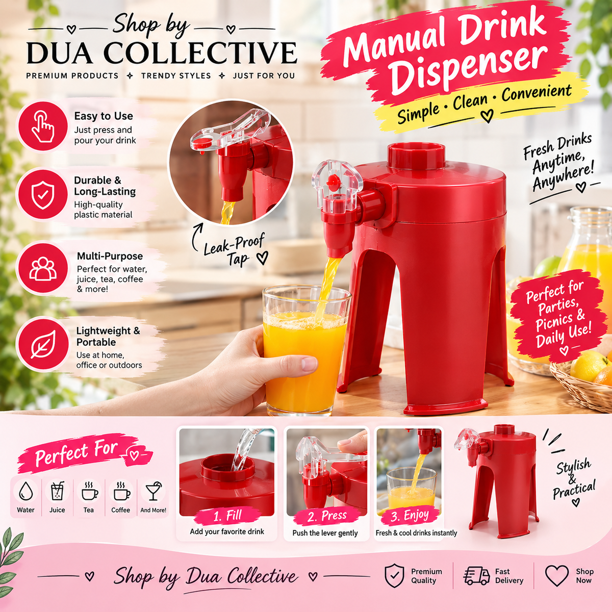 Manual Drink Dispenser with Easy-Pour Tap – Portable Juice & Beverage Dispenser