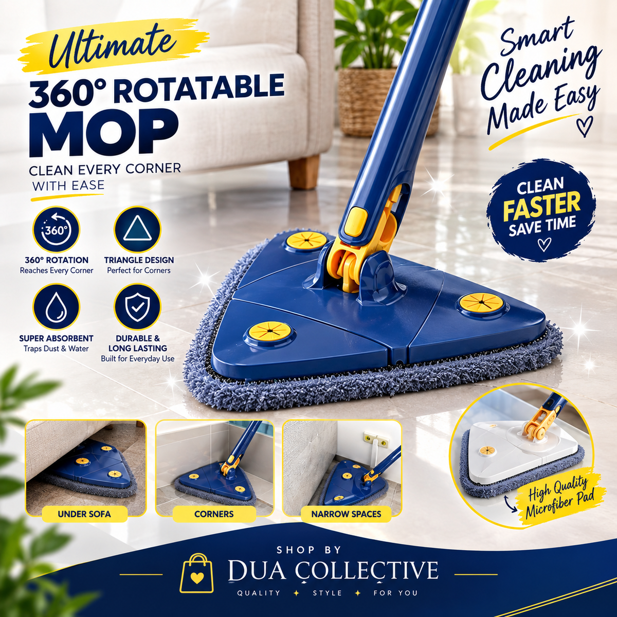 360° Rotatable Triangle Microfiber Floor Mop – Smart Corner Cleaning Mop