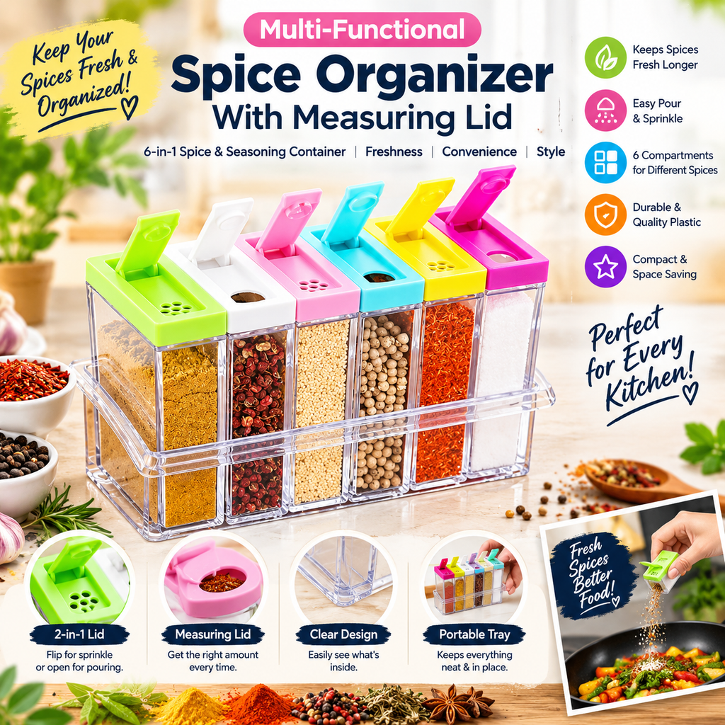 6-in-1 Spice Organizer with Measuring & Sprinkle Lid – Smart Kitchen Storage