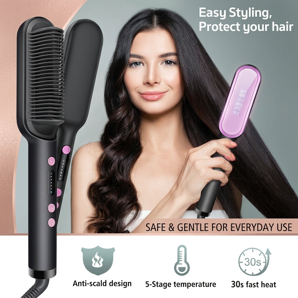 SilkGlow 2-in-1 Ionic Hair Straightening Brush (High-Energy & Brandable)